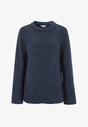 Marine gebreide trui met een ronde halslijn en lange mouwen. Beschikt over geribde manchetten en een zoom, gemaakt van zachte, gestructureerde stof.