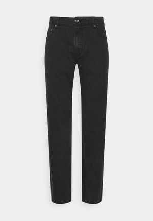 Jeans neri a gamba dritta con tasche frontali e posteriori, chiusura con bottone e cerniera, mostrati su uno sfondo chiaro e semplice.