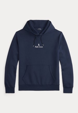 Sweatshirt azul marinho da Ralph Lauren com bolso frontal, capuz com cordão e logótipo bordado branco centrado no peito.