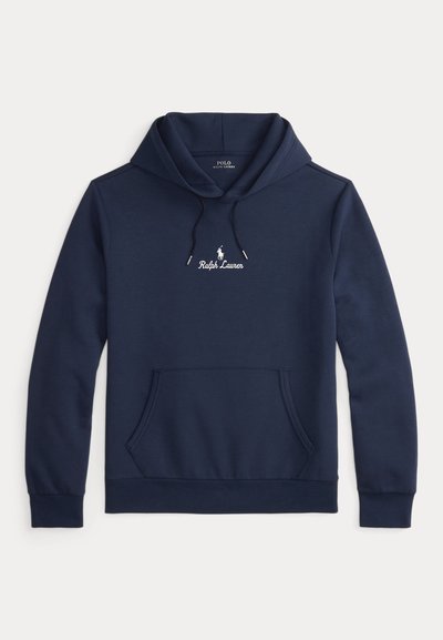 Sweatshirt azul marinho da Ralph Lauren com bolso frontal, capuz com cordão e logótipo bordado branco centrado no peito.