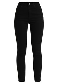 Jeans ajustados de talle alto en negro, fabricados en denim. Presentan un cierre frontal con botón, diseño de cinco bolsillos y una textura lisa y suave.