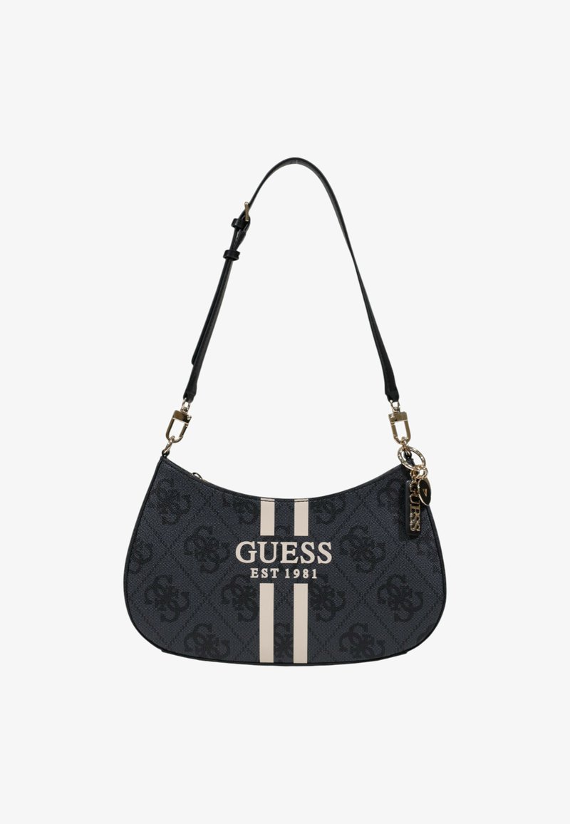 Borsa nera e grigia con una silhouette curva, caratterizzata da un motivo testurizzato, due strisce verticali crema e un'etichetta con logo.