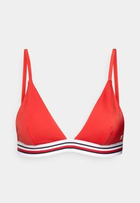 Κορυφή μπικίνι σε σχήμα κόκκινου τριγώνου από απαλό ύφασμα, με λευκή, κόκκινη και μαύρη ριγέ ταινία στο κάτω μέρος και λεπτές ρυθμιζόμενες τιράντες.