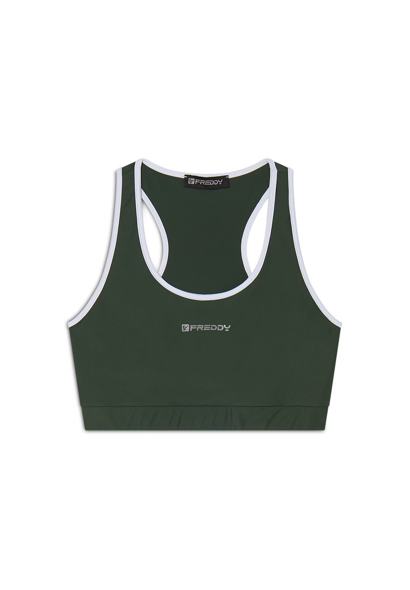 Brasile sportivo verde realizzato in tessuto liscio con dettagli bianchi, caratterizzato da scollatura a girocollo, design racerback e logo ricamato sul davanti.