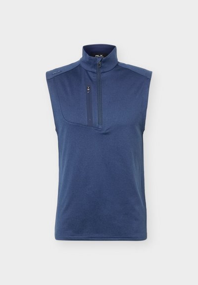 Veste de sport bleu marine sans manches avec un col montant et une poche poitrine verticale zippée sur le côté gauche.