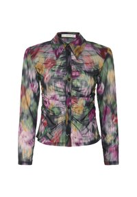 Langärmlige Bluse mit Knopfleiste, spitzem Kragen und gerafftem Vorderteil, mit einem mehrfarbigen abstrakten Blumenmuster.