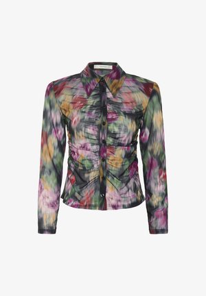 Bluză cu mânecă lungă, cu guler ascuțit și față plisată, având un model floral abstract multicolor.