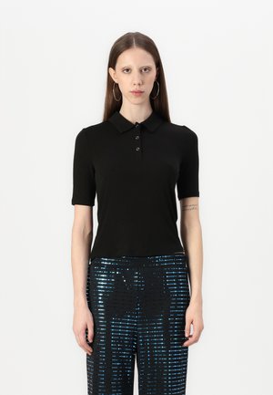Black short-sleeve polo shirt with a collar and three button placket, paired with black pants featuring a blue sequined pattern.