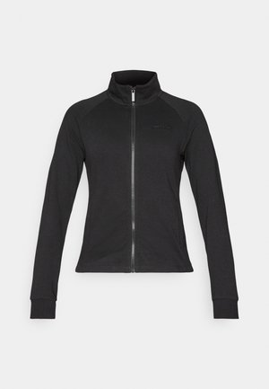 Svart zip-up jakke med høy krage, lange raglanerm, laget av et glatt stoff, med minimal merking på brystet.