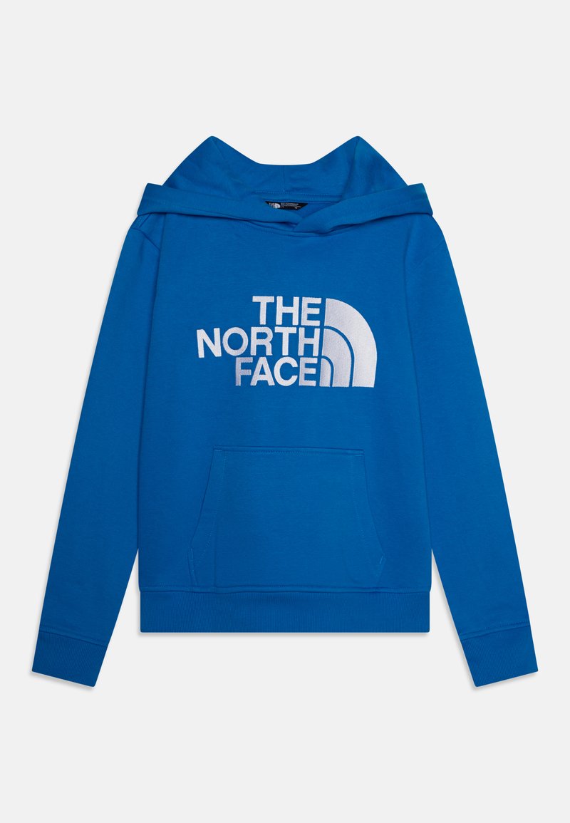 Sweatshirt azul de algodão com um grande logótipo branco "THE NORTH FACE", um bolso frontal tipo canguru e capuz com cordão.