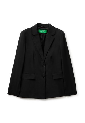 Zwarte, op maat gemaakte blazer met twee knopen, ingesneden revers en voorzakken met klep, gelabeld United Colors of Benetton.