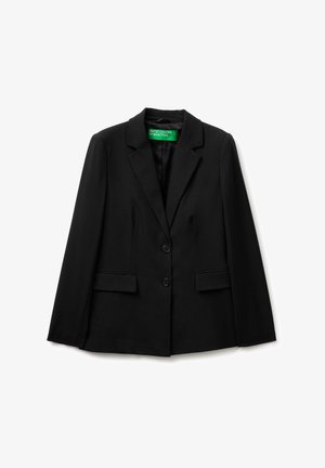 Czarna, dopasowana marynarka z dwoma guzikami, klapami z wycięciem i przednimi kieszeniami z patkami, oznaczona marką United Colors of Benetton.