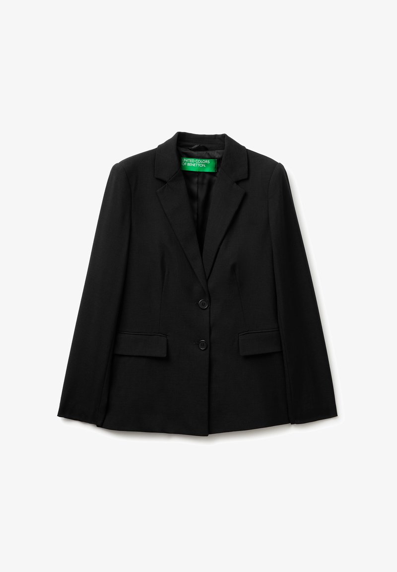 Zwarte, op maat gemaakte blazer met twee knopen, ingesneden revers en voorzakken met klep, gelabeld United Colors of Benetton.