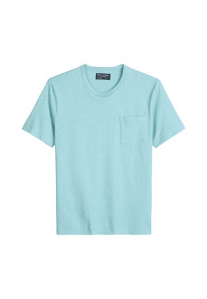 Light blue short-sleeve crew neck T-shirt with a small chest pocket, displayed on a white background.
