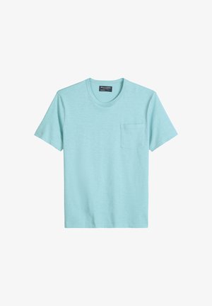 Light blue short-sleeve crew neck T-shirt with a small chest pocket, displayed on a white background.