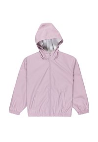 Ljusrosa vattentät jacka med huva, framdragkedja, elastiska ärmslut och sidofickor. Slät textur med en elegant design.