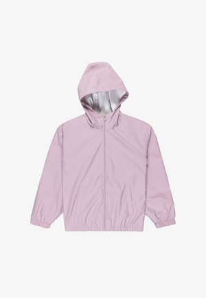Jasnoróżowa wodoodporna kurtka z kapturem, z przodu na zamek błyskawiczny, elastycznymi mankietami i bocznymi kieszeniami. Gładka faktura i elegancki design.