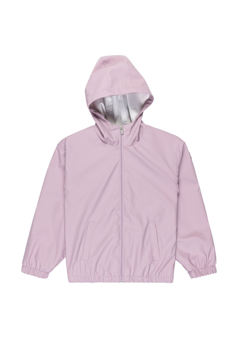 Ljusrosa vattentät jacka med huva, framdragkedja, elastiska ärmslut och sidofickor. Slät textur med en elegant design.