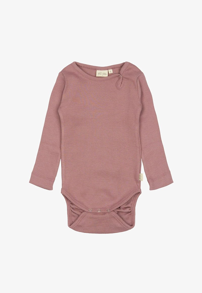 Ilgomis rankovėmis, mėlynai rožinėje spalvoje, kūdikių bodis su briaunuota tekstūra, su spaudžiamomis užsegimais apačioje ir apvaliu kaklu.