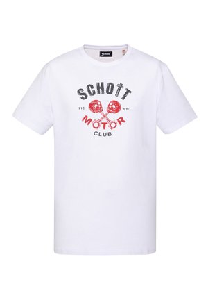 Wit T-shirt met zwarte en rode "Schott Motor Club" tekst, twee gekruiste rode schedels en "1913 NYC" detail aan de voorkant.