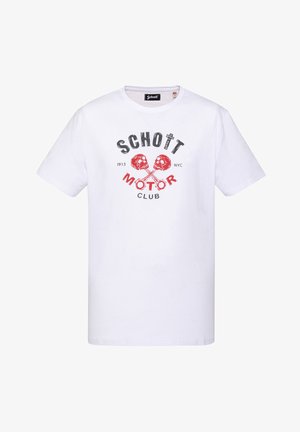 Biała koszulka z czarnym i czerwonym napisem "Schott Motor Club", dwoma skrzyżowanymi czerwonymi czaszkami i detalem "1913 NYC" z przodu.