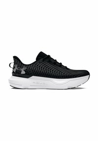 Černá běžecká bota s texturovaným svrškem s vlnkovým vzorem, bílou mezipodešví a černými akcenty. Odolná tkanina a design s šněrováním.
