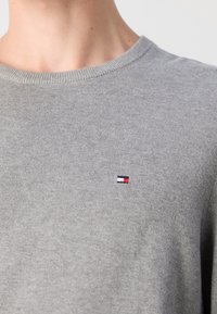 Grijze katoenen trui met een ronde hals. Voorzien van een klein geborduurd logo in rood, wit en blauw op de linkerborst. Zachte textuur.