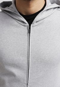Sudadera gris clara con cremallera en la parte delantera, hecha de un tejido suave, con una capucha amplia y un diseño minimalista. Sin patrones o acentos visibles.