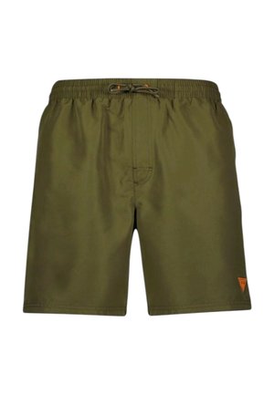 Bañador corto de hombre verde oliva con cintura elástica, cordón y pequeño logo triangular naranja en la pierna izquierda.