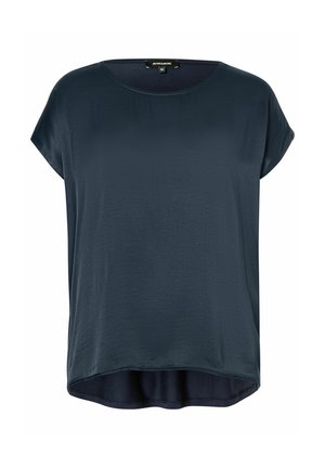 Granatowa bluzka z krótkim rękawem, wykonana z gładkiego materiału, z okrągłym dekoltem i lekko zaokrąglonym dołem, charakteryzująca się luźnym fasonem.