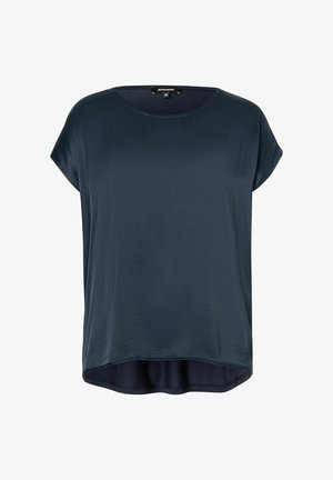 Navy blue short-sleeve top made of smooth fabric with a round neckline and a slightly curved hemline, featuring a relaxed fit.