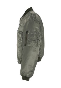 Olivengrøn bomberjakke med en glat satinfinish. Har ribbede manchetter og krave, lynlåslomme på ærmet og en afslappet pasform.