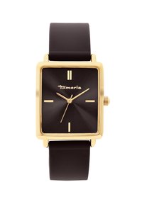 Quadratische goldfarbene Uhr mit schwarzem Ziffernblatt, minimalistischen Stundenmarkierungen und einem schwarzen Silikonarmband. Verfügt über eine strukturierte Oberfläche und dezente Markenkennzeichnung.