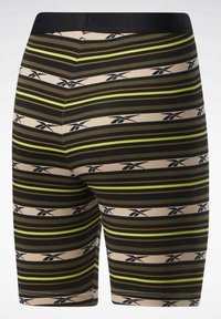 Pantaloni da uomo multicolore con strisce orizzontali in nero, verde e beige. Il tessuto è elasticizzato e presenta una cintura elastica nera.