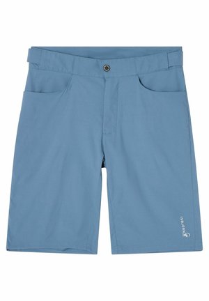 Lyseblå afslappede shorts med forlommer, bæltestropper, knaplukning og et lille hvidt Isbjörn-logo på det nederste venstre ben.