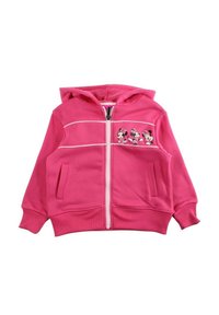 Sweat à capuche rose zippé avec des accents blancs, poches avant et capuche. Présente des graphismes de Minnie Mouse sur le côté gauche de la poitrine. Texture de tissu douce.