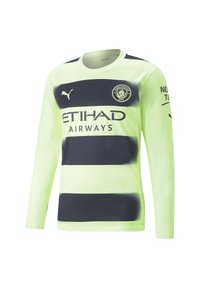Langærmet trøje i fluorescerende gul med marineblå vandrette striber. Har rund halsudskæring, Puma-logo og Manchester City-emblem.
