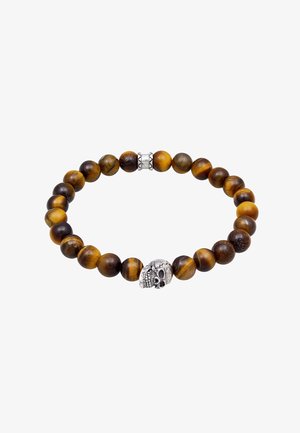 Tigerauge Perlenarmband mit abwechselnden braunen und goldenen Kugeln, einem silbernen Totenkopf-Mittelstück und strukturierten Metallakzenten.