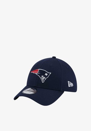 Navy blue baseball cap with New England Patriots logo on front and New Era logo on side, featuring curved brim and size sticker.
