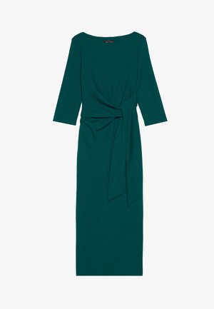 Türkise pikkade varrukatega kleit, millel on ümar kaelus, kokkuvõetud vöökoht ja seotud vöödetail. Valmistatud siledast, venivast kangast.