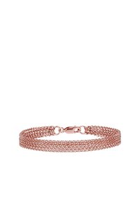 Armband aus roségoldfarbenem Mesh mit mehreren miteinander verbundenen Strängen, ausgestattet mit einem Karabinerverschluss. Leicht und flexibel im Design.