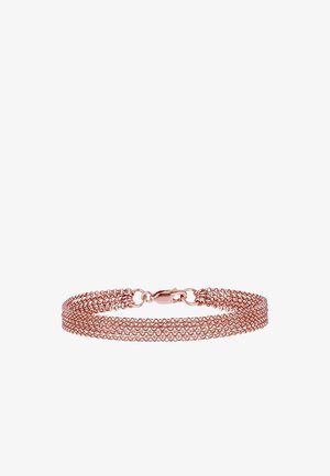 Armband aus roségoldfarbenem Mesh mit mehreren miteinander verbundenen Strängen, ausgestattet mit einem Karabinerverschluss. Leicht und flexibel im Design.