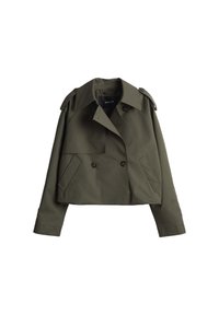 Afgesneden olijfgroene jas gemaakt van katoen, met dubbele knopen, schouderepauletten en voorzakken.