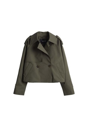 Cropped olive green jacket made of cotton, featuring double-breasted buttons, shoulder epaulettes, and front pockets.