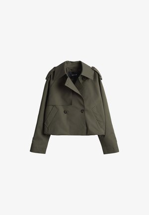 Kurze olivgrüne Jacke aus Baumwolle mit zweireihigen Knöpfen, Schulterklappen und Fronttaschen.