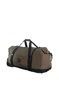 Large olive green duffel bag made of durable fabric, featuring black accents, dual handles, a shoulder strap, and a zippered pocket.