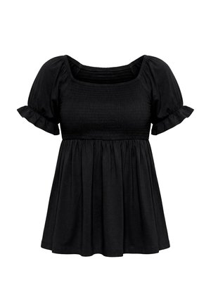 Blusa negra de manga corta con corpiño fruncido, escote cuadrado, mangas abullonadas y cintura fruncida y acampanada.