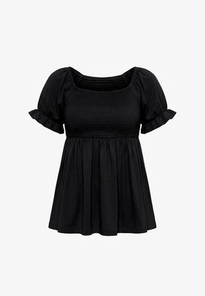 Blusa negra de manga corta con corpiño fruncido, escote cuadrado, mangas abullonadas y cintura fruncida y acampanada.