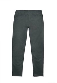 Tmavě šedé, měkké kalhoty slim fit s dvěma zadními kapsami a plochým předním dílem. Žádné viditelné ozdoby ani vzory.
