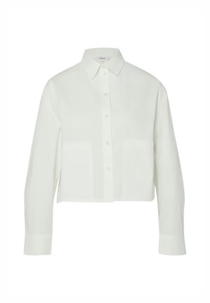 Witte, lange mouw, cropped blouse met knopen, kraag, voorzakken en een strak, minimalistisch ontwerp.